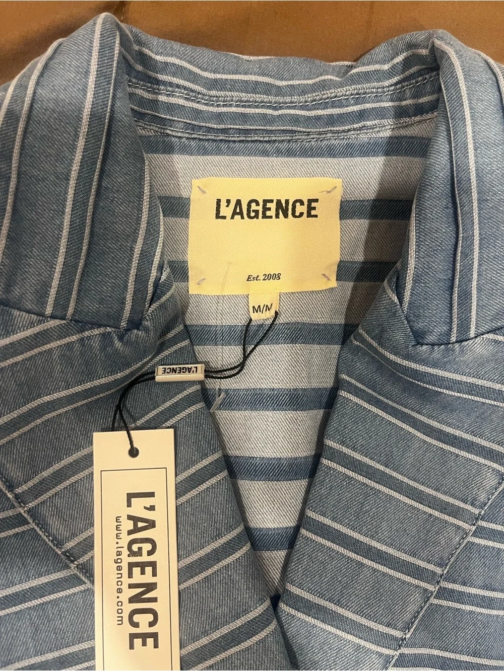 New L'AGENCE Blue Striped Cropped Double-Breasted Jacket Blazer